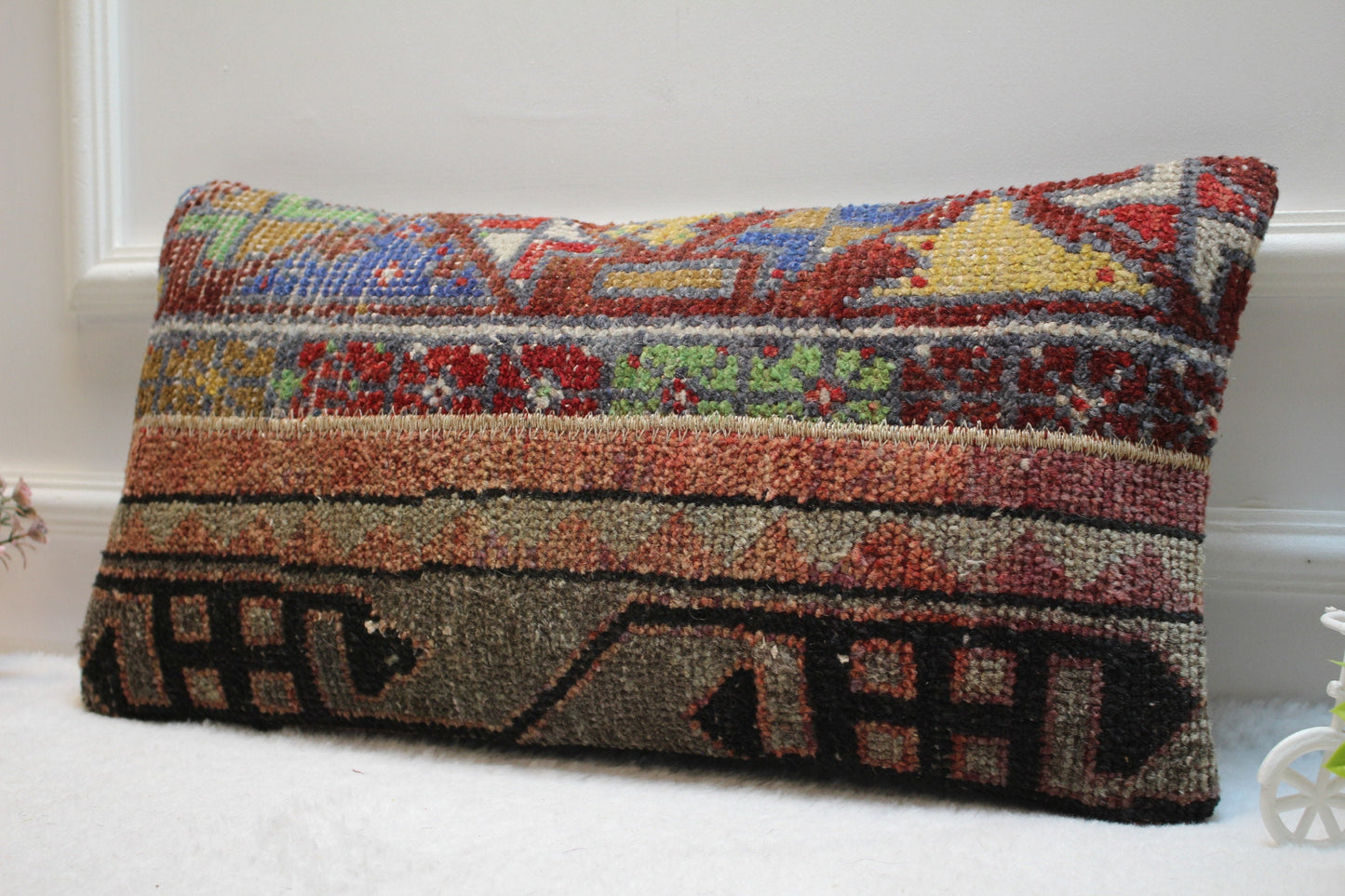 Rainbow Turkish Rug Pillow Cover: Vintage Wool Lumbar Pillow, 12x24 inch