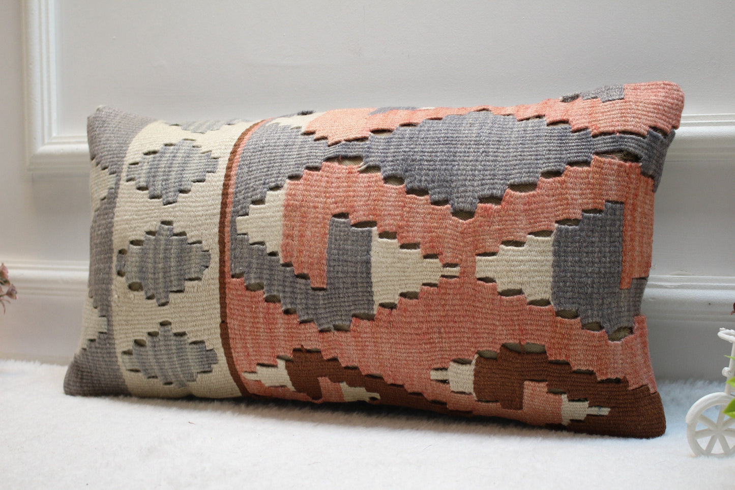 Modern Geometric Kilim Pillow – Handmade 12x24” Wool Lumbar Cover
