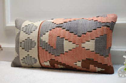 Modern Geometric Kilim Pillow – Handmade 12x24” Wool Lumbar Cover