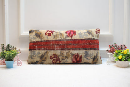 Handcrafted 12x24” Red Patchwork Turkish Rug Pillow | Wool Lumbar Boho Decor