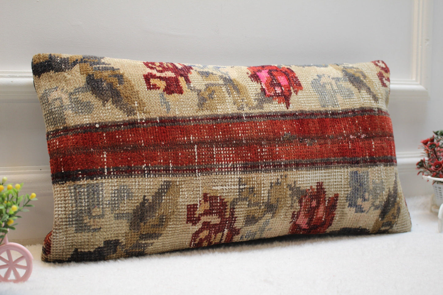 Handcrafted 12x24” Red Patchwork Turkish Rug Pillow | Wool Lumbar Boho Decor