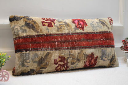 Handcrafted 12x24” Red Patchwork Turkish Rug Pillow | Wool Lumbar Boho Decor
