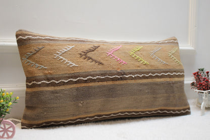 Handmade Kilim Pillow Cover: Organic Wool, Vintage Turkish Design (12x24 inc)