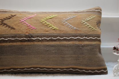 Handmade Kilim Pillow Cover: Organic Wool, Vintage Turkish Design (12x24 inc)
