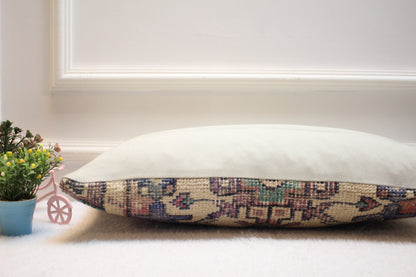 Lumbar Turkish Rug Pillow Cover: Upcycled Wool, Bohemian Home Decor (12x24 in)