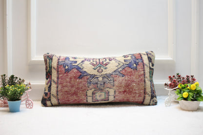 Lumbar Turkish Rug Pillow Cover: Upcycled Wool, Bohemian Home Decor (12x24 in)