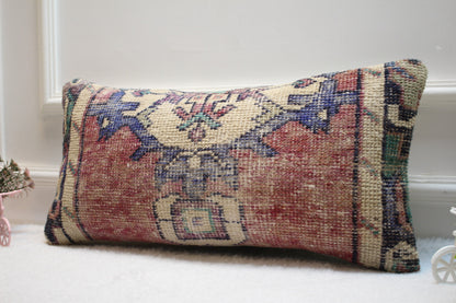 Lumbar Turkish Rug Pillow Cover: Upcycled Wool, Bohemian Home Decor (12x24 in)