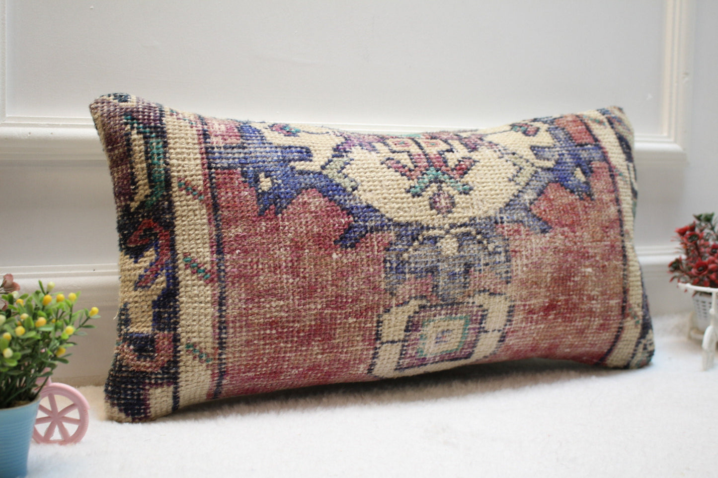 Lumbar Turkish Rug Pillow Cover: Upcycled Wool, Bohemian Home Decor (12x24 in)