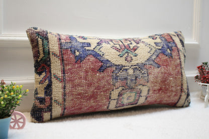 Lumbar Turkish Rug Pillow Cover: Upcycled Wool, Bohemian Home Decor (12x24 in)