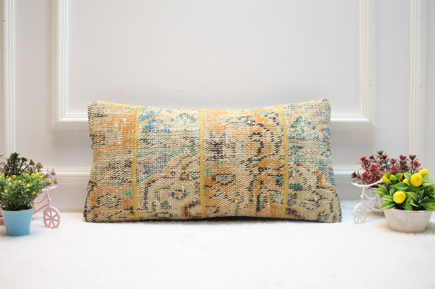 Floral Turkish Rug Pillow Cover: Handmade Wool Lumbar Pillow, 12x24 inc