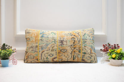 Floral Turkish Rug Pillow Cover: Handmade Wool Lumbar Pillow, 12x24 inc