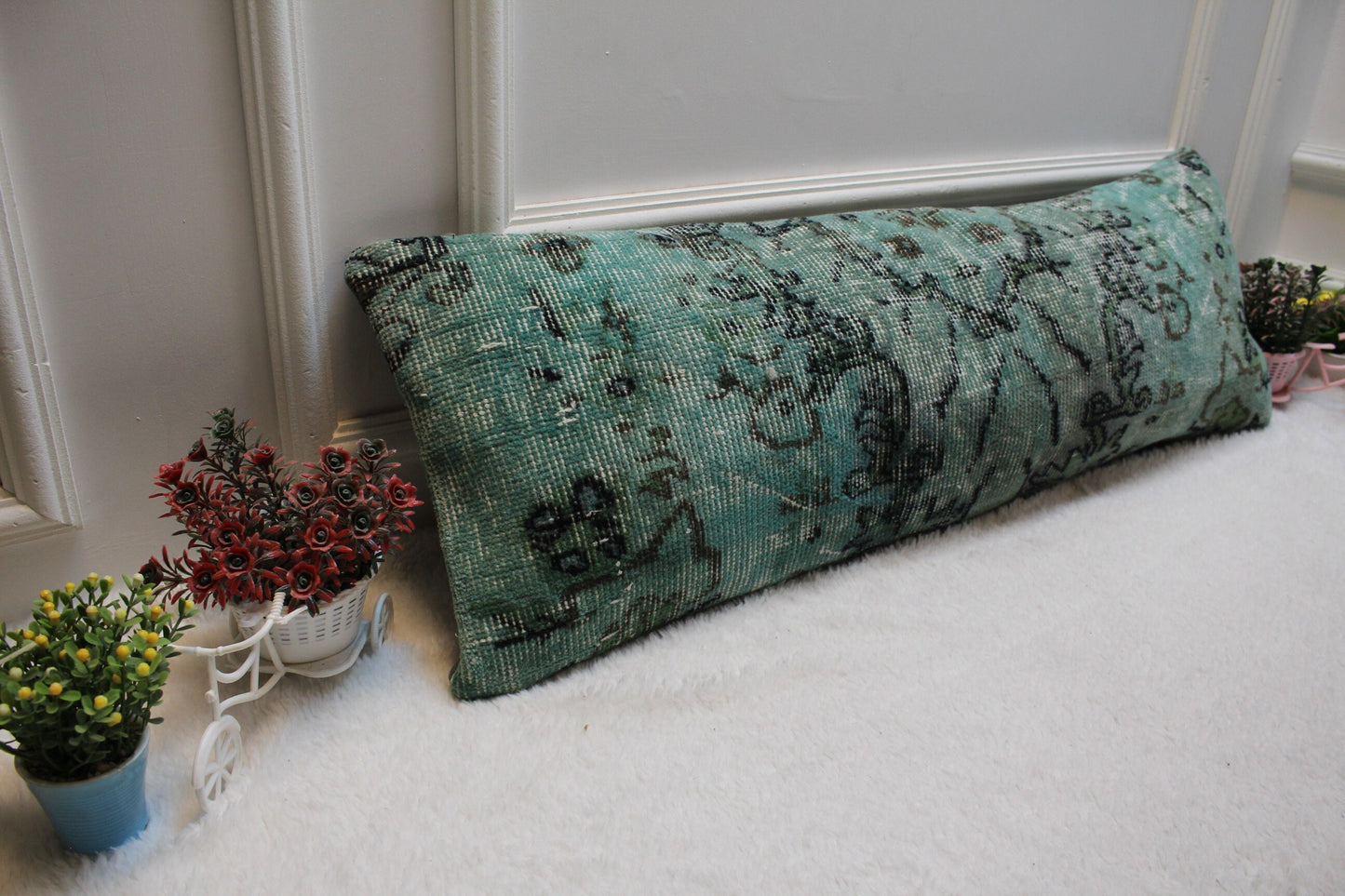 Handmade Green & Black Lumbar Pillow Cover: Upcycled Rug, Boho Decor (12x36 inc)