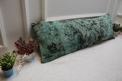 Handmade Green & Black Lumbar Pillow Cover: Upcycled Rug, Boho Decor (12x36 inc)