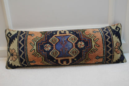 Handmade Kilim Lumbar Pillow Cover: Upcycled Wool Rug, 12x36 inch