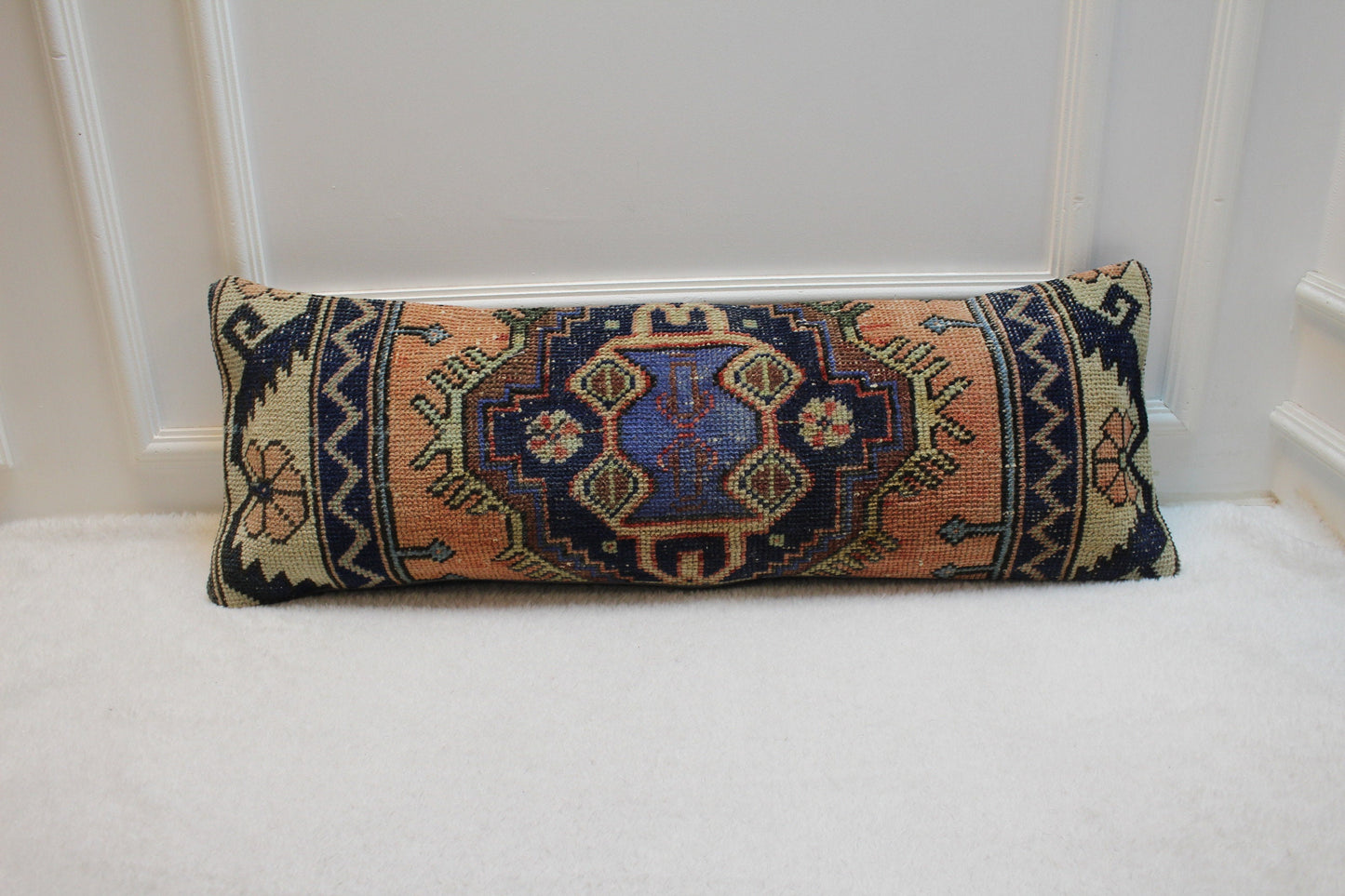 Handmade Kilim Lumbar Pillow Cover: Upcycled Wool Rug, 12x36 inch