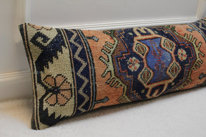 Handmade Kilim Lumbar Pillow Cover: Upcycled Wool Rug, 12x36 inch