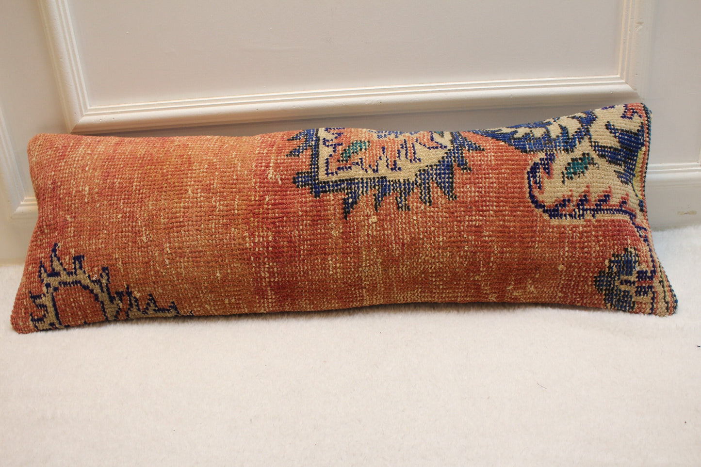 Handmade Kilim Lumbar Pillow Cover: Red Beige Rug Pillow (12x36 inc)