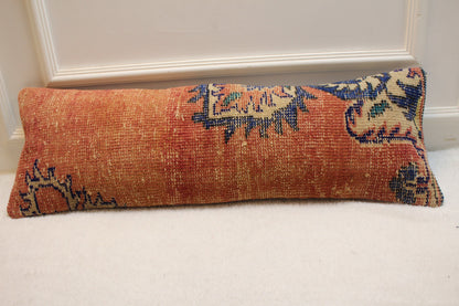 Handmade Kilim Lumbar Pillow Cover: Red Beige Rug Pillow (12x36 inc)