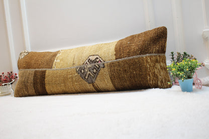 Handmade Patchwork Kilim Lumbar Pillow Cover: Upcycled Rug, 12x36 inch