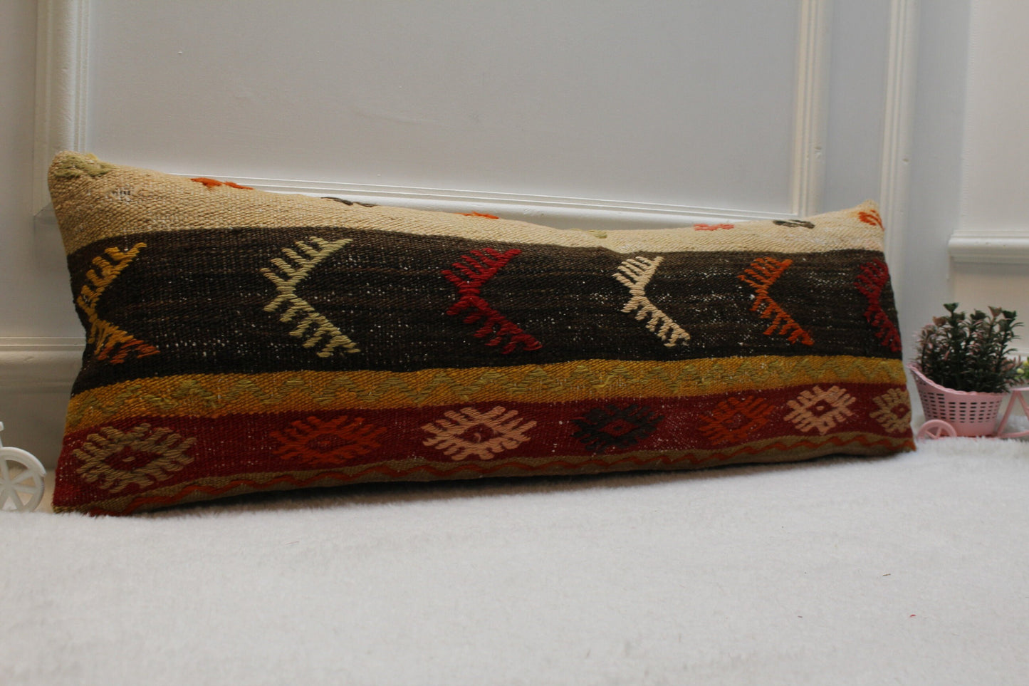Handmade Kilim Lumbar Pillow Cover: Red & Black Organic Wool (12x36 in)