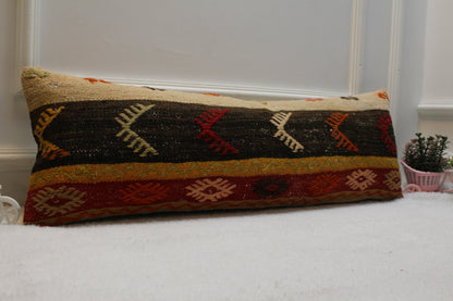 Handmade Kilim Lumbar Pillow Cover: Red & Black Organic Wool (12x36 in)