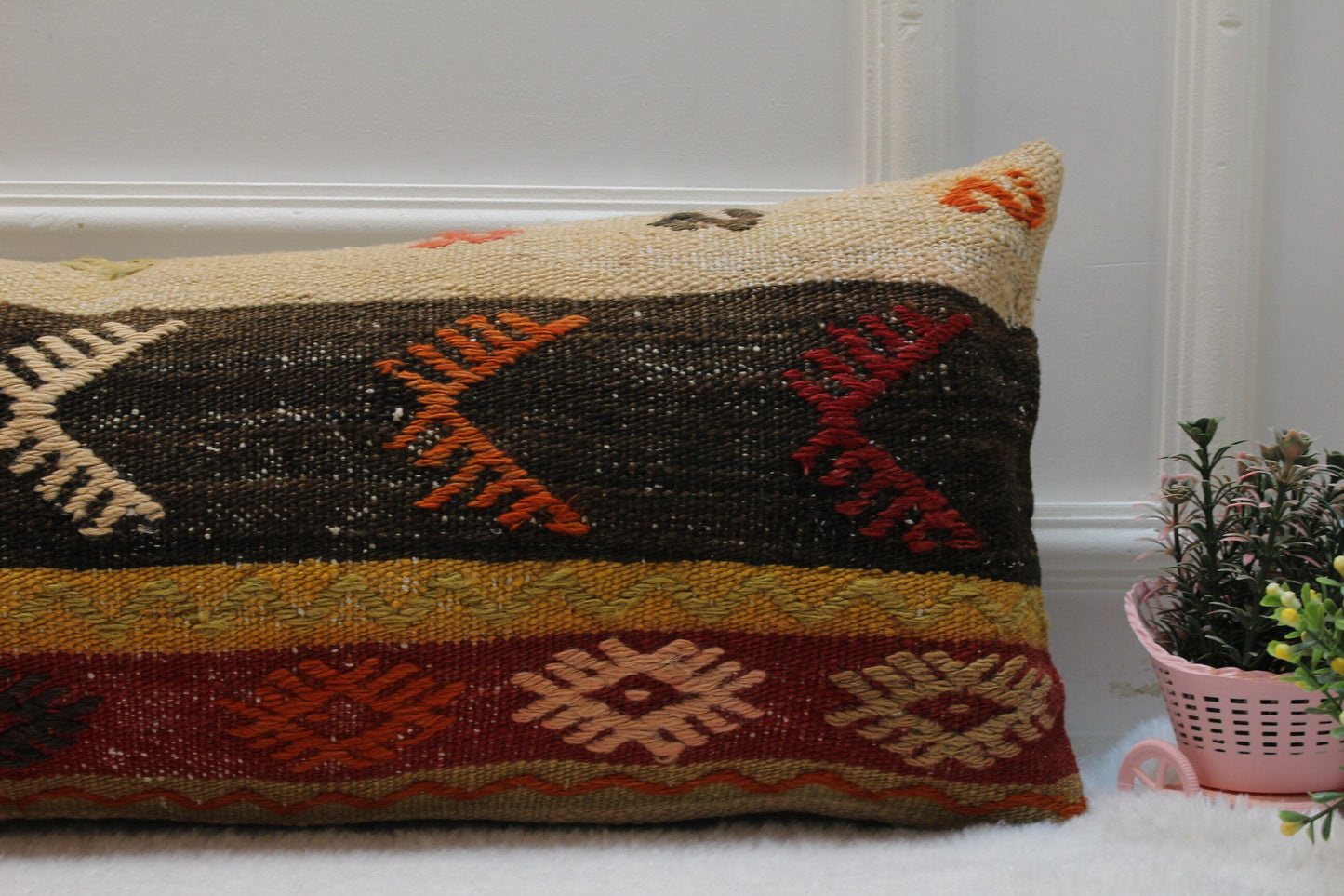Handmade Kilim Lumbar Pillow Cover: Red & Black Organic Wool (12x36 in)