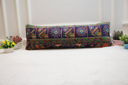 Handmade Kilim Lumbar Pillow Cover: Blue & Green Floral, Boho Decor (12x36 in)