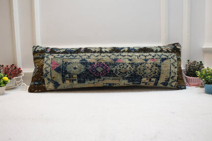 Handmade Turkish Rug Lumbar Pillow Cover: Upcycled Kilim, 12x36 inch