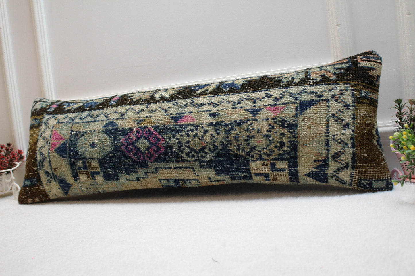 Handmade Turkish Rug Lumbar Pillow Cover: Upcycled Kilim, 12x36 inch