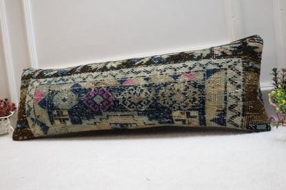 Handmade Turkish Rug Lumbar Pillow Cover: Upcycled Kilim, 12x36 inch