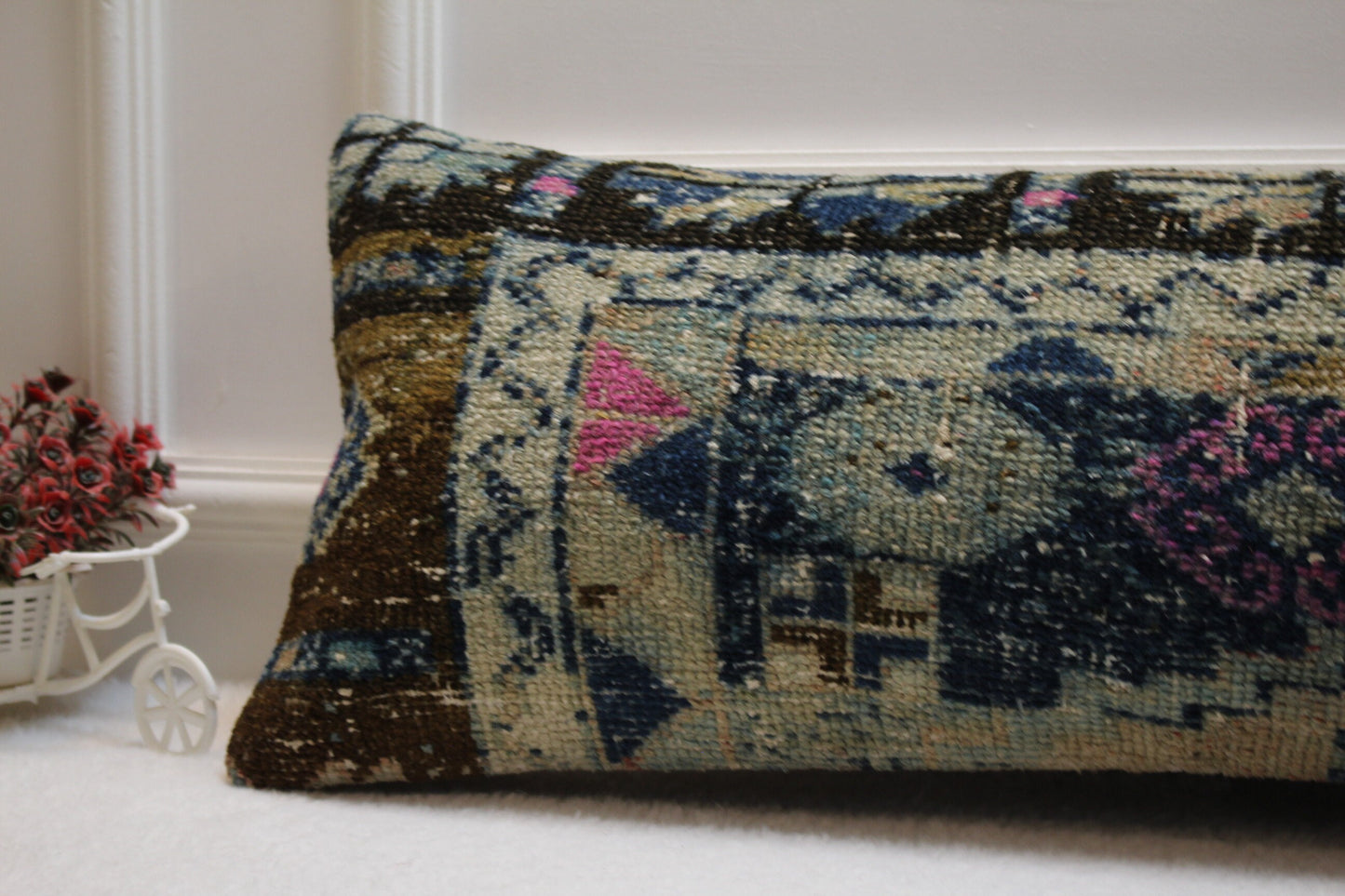 Handmade Turkish Rug Lumbar Pillow Cover: Upcycled Kilim, 12x36 inch