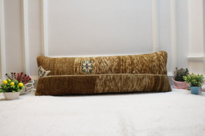 Handmade Turkish Rug Lumbar Pillow Cover: Brown Beige Wool, 12x36 in