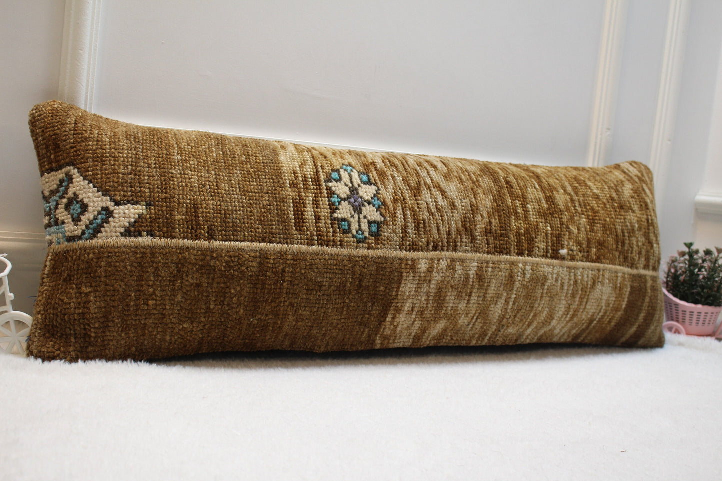 Handmade Turkish Rug Lumbar Pillow Cover: Brown Beige Wool, 12x36 in