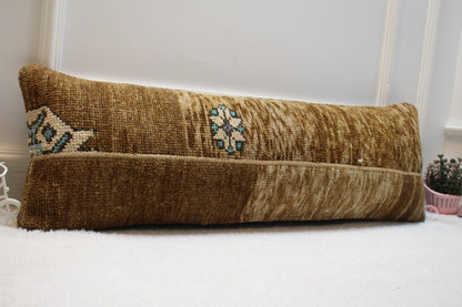 Handmade Turkish Rug Lumbar Pillow Cover: Brown Beige Wool, 12x36 in