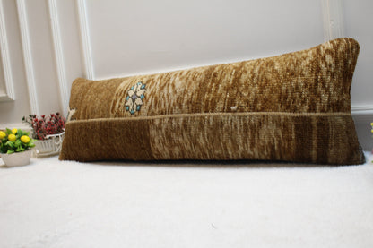 Handmade Turkish Rug Lumbar Pillow Cover: Brown Beige Wool, 12x36 in
