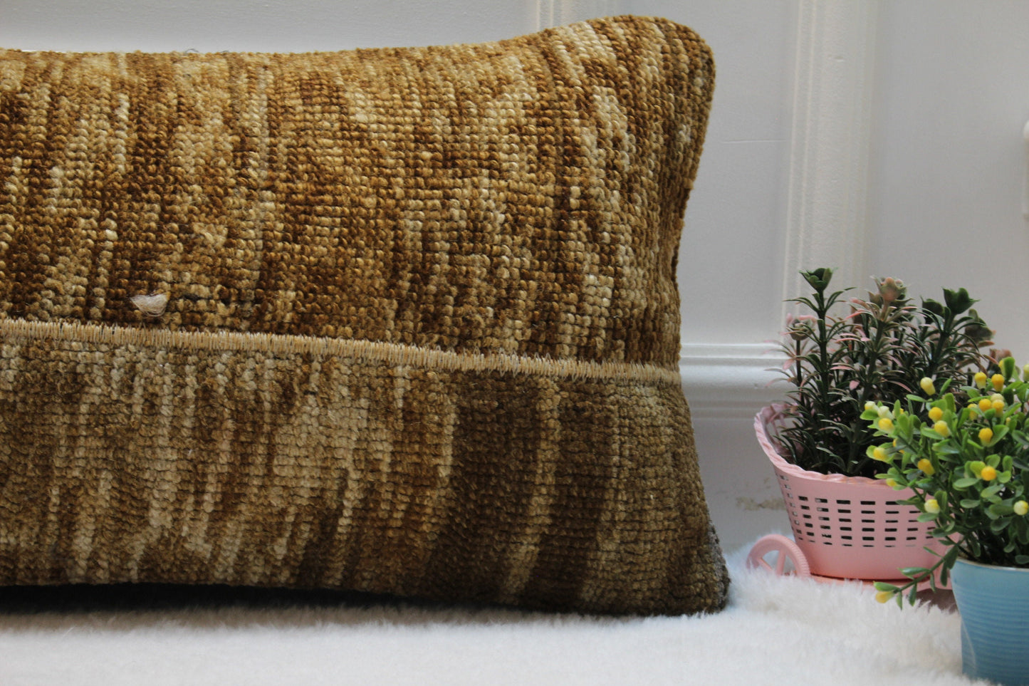Handmade Turkish Rug Lumbar Pillow Cover: Brown Beige Wool, 12x36 in