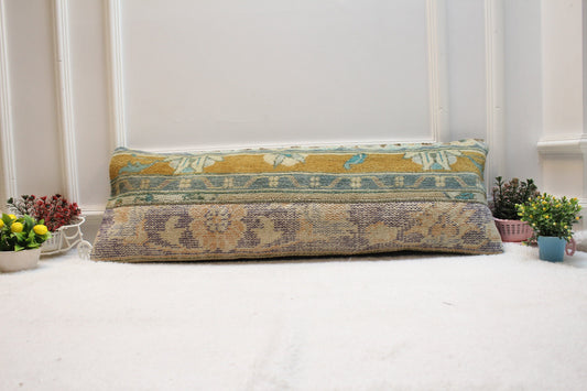 Vintage Turkish Rug Lumbar Pillow Cover: Orange Blue Wool, 12x36 inch