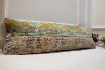 Vintage Turkish Rug Lumbar Pillow Cover: Orange Blue Wool, 12x36 inch