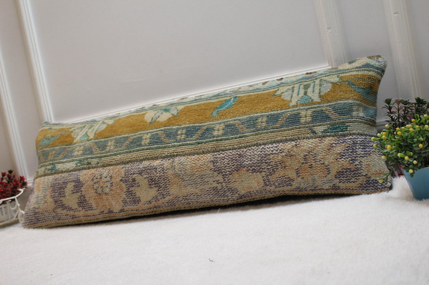 Vintage Turkish Rug Lumbar Pillow Cover: Orange Blue Wool, 12x36 inch