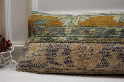 Vintage Turkish Rug Lumbar Pillow Cover: Orange Blue Wool, 12x36 inch