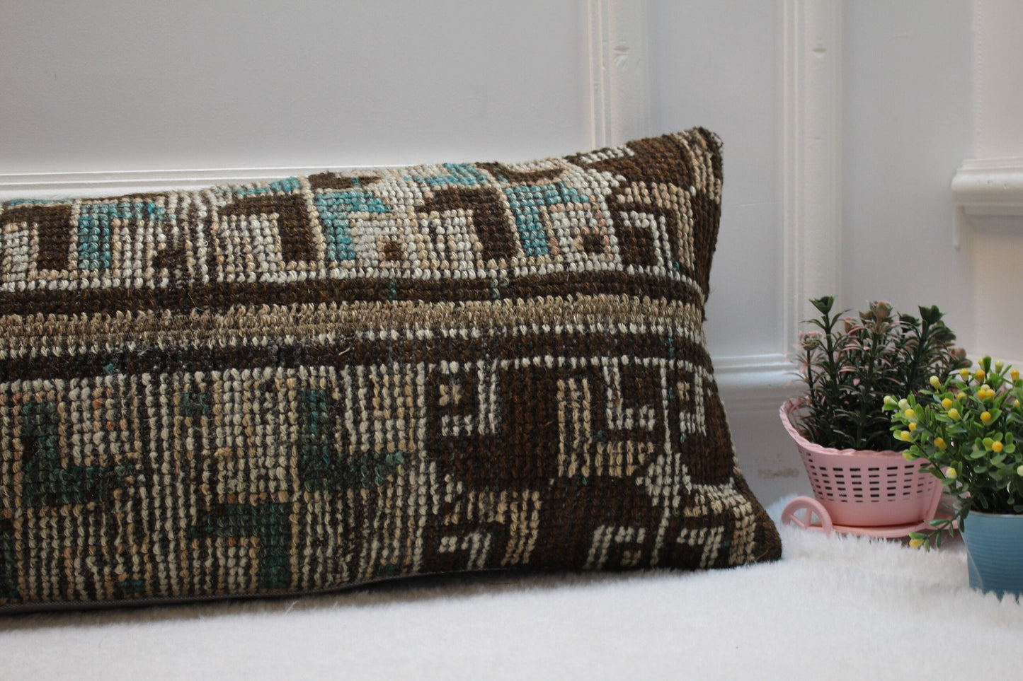 Handmade Kilim Lumbar Pillow Cover: Vintage Rug Upcycled (12x36 in)