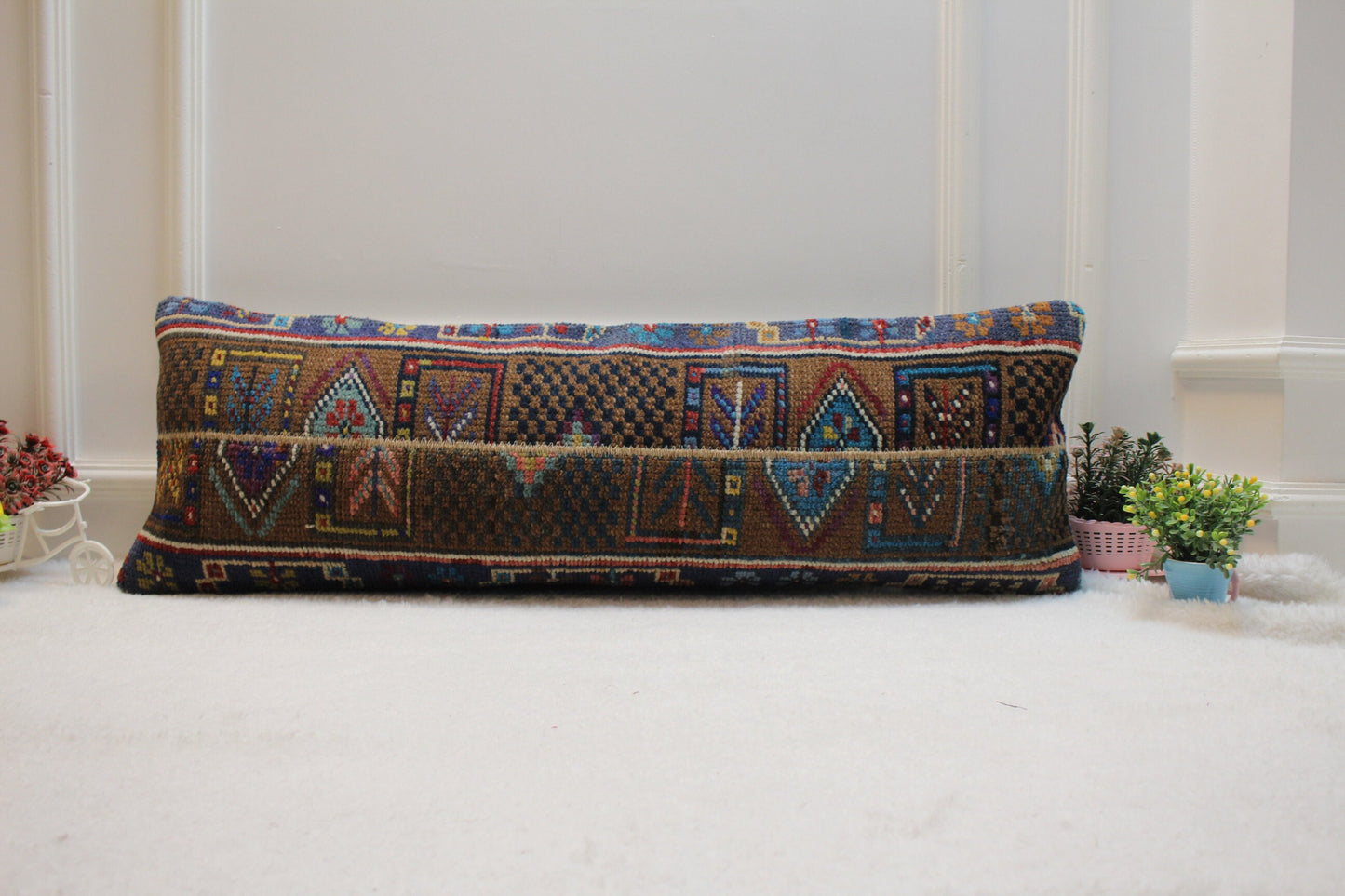Vintage Turkish Rug Lumbar Pillow Cover: Brown Wool, 12x36 inch