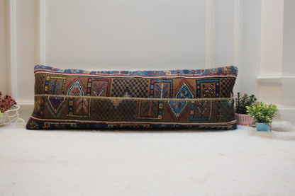 Vintage Turkish Rug Lumbar Pillow Cover: Brown Wool, 12x36 inch