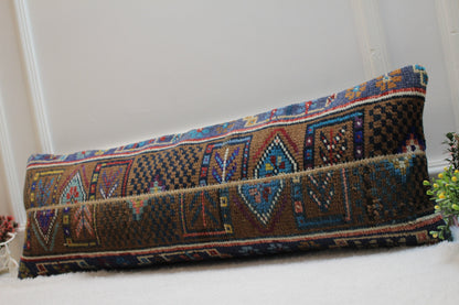 Vintage Turkish Rug Lumbar Pillow Cover: Brown Wool, 12x36 inch