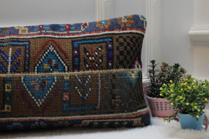 Vintage Turkish Rug Lumbar Pillow Cover: Brown Wool, 12x36 inch