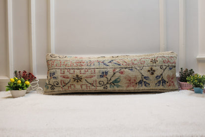 Handmade Floral Kilim Pillow Cover: Upcycled Wool Rug, 12x36 inch