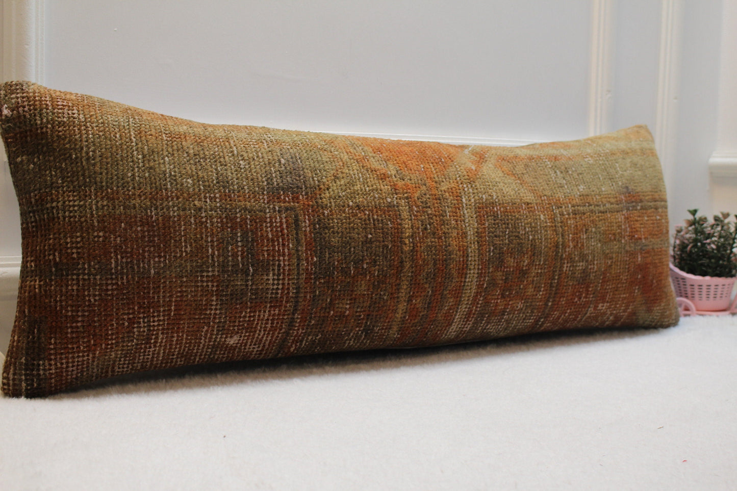 Vintage Turkish Rug Lumbar Pillow Cover: Red Brown Woven Pillow Case (12x36 in)
