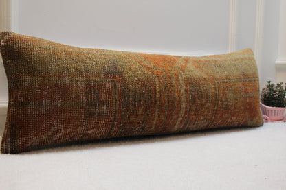 Vintage Turkish Rug Lumbar Pillow Cover: Red Brown Woven Pillow Case (12x36 in)