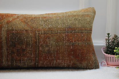Vintage Turkish Rug Lumbar Pillow Cover: Red Brown Woven Pillow Case (12x36 in)