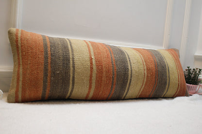 Handmade Striped Kilim Pillow Cover: Upcycled Wool, 12x36 inch